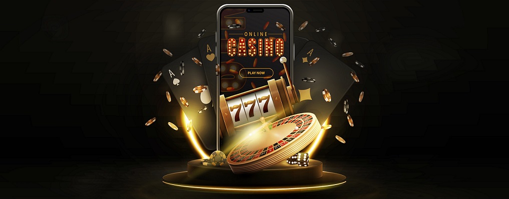 Podium,With,Smartphone,,Casino,Slot,Machine,,Casino,Roulette,,,Cards